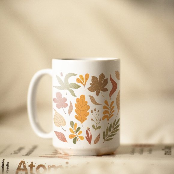 Autumn Cute Icons Coffee Mug. Thanksgiving Coffee Cup. Fall 15oz Ceramic Mug. - Picture 5 of 5
